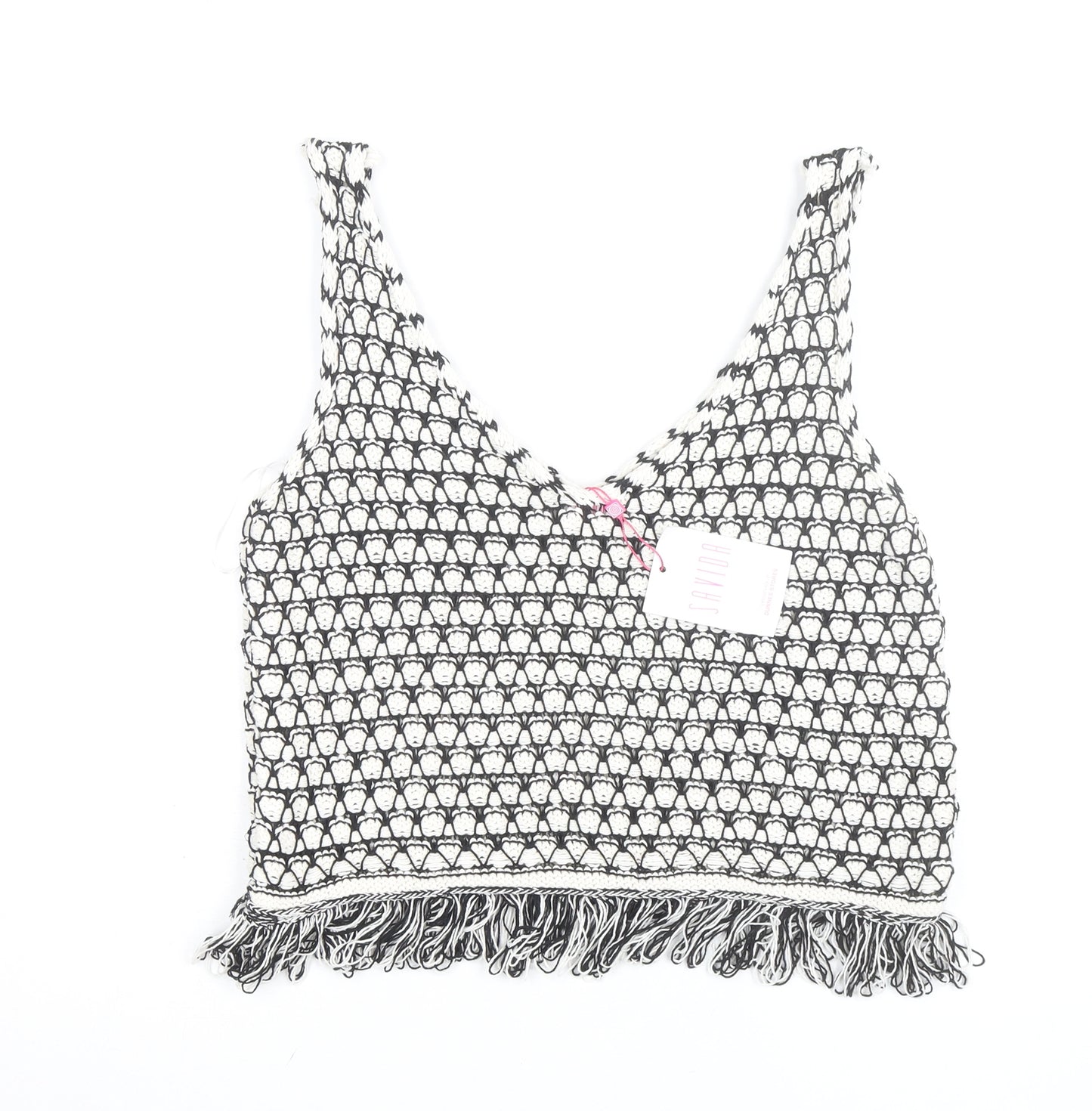 Savida Women Black Crochet Knit Fringe Cropped Tank Top Size 12