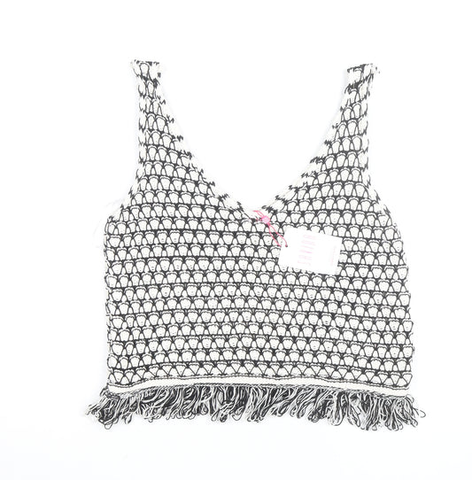 Savida Women Black Crochet Knit Fringe Cropped Tank Top Size 12