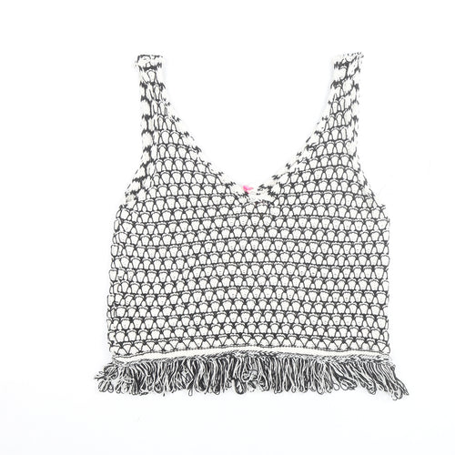 Savida Women Black Crochet Knit Fringe Cropped Tank Top Size 12