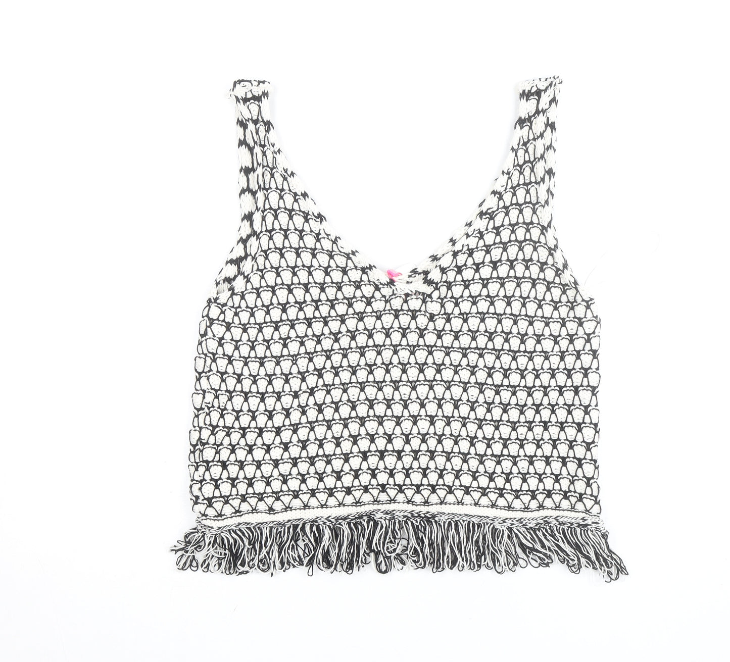 Savida Women Black Crochet Knit Fringe Cropped Tank Top Size 12