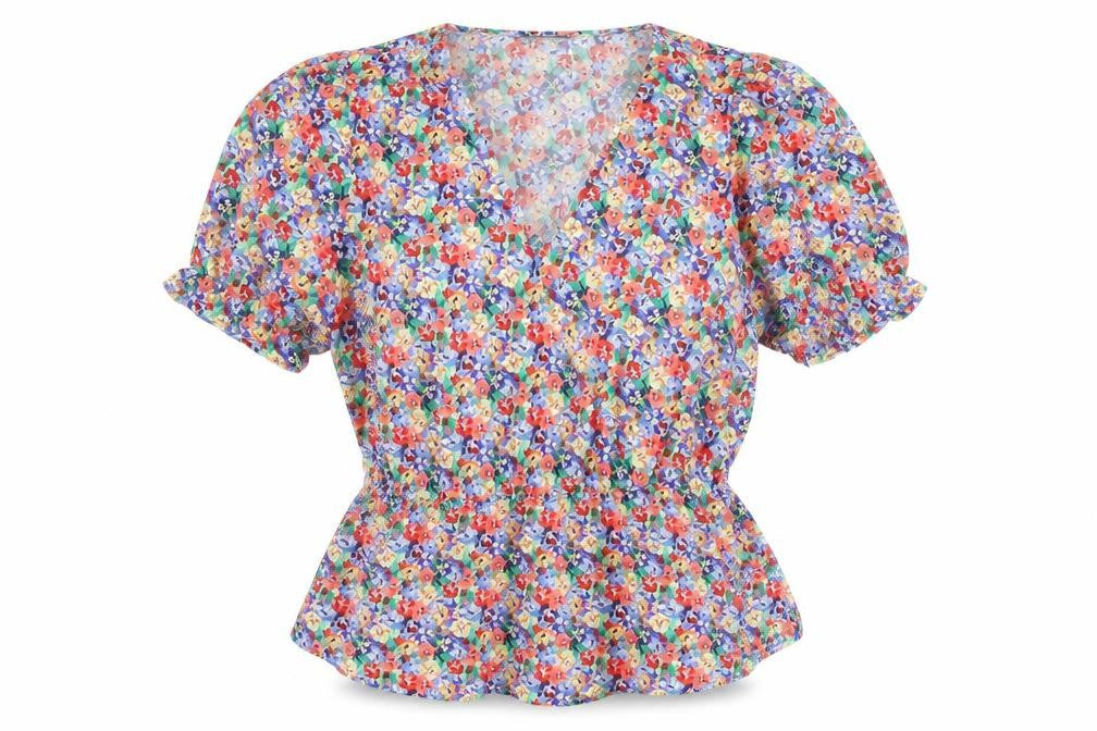 Front view of Marks & Spencer women’s multicoloured floral v-neck tunic blouse, size UK 14