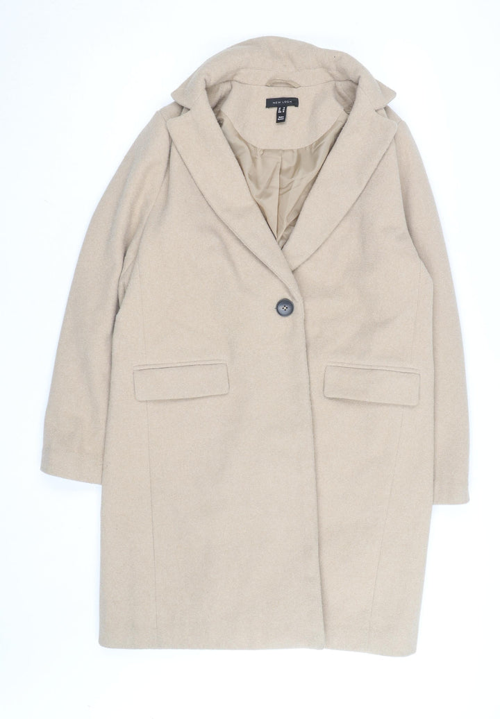 New Look Women’s Beige Long Overcoat UK 14 Lined Button Classic Style