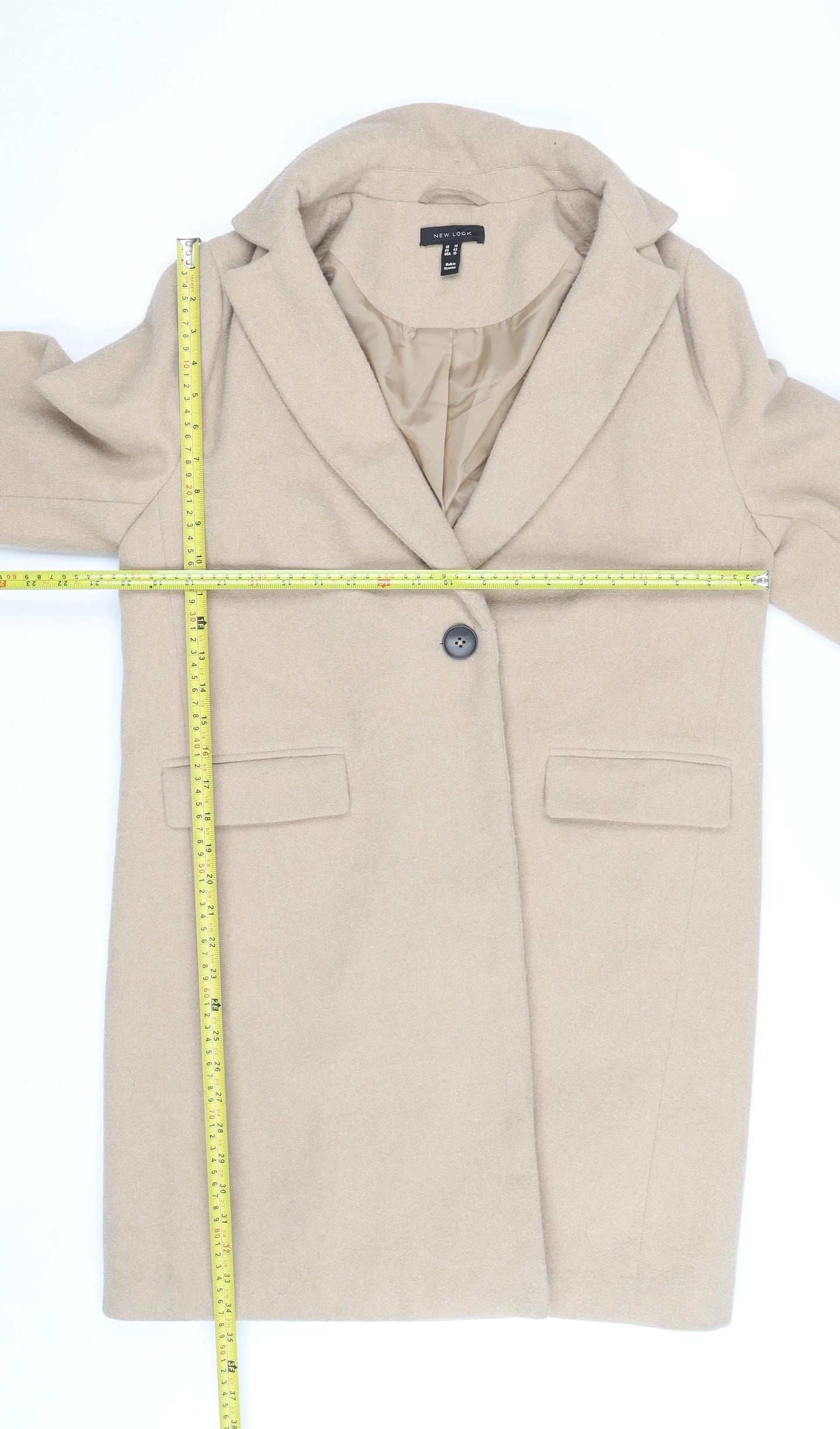 New Look Women’s Beige Long Overcoat UK 14 Lined Button Classic Style