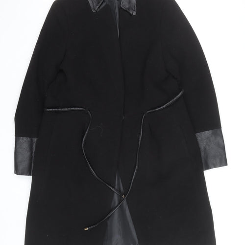 H&M Women's Black Wool Overcoat with Faux Leather Trim Size 12