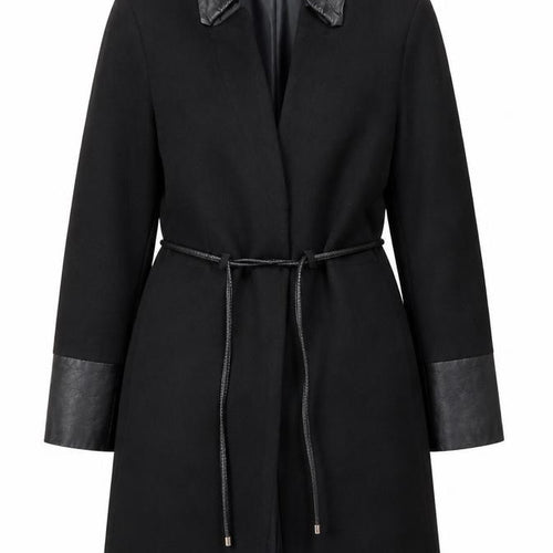 H&M Women's Black Wool Overcoat with Faux Leather Trim Size 12