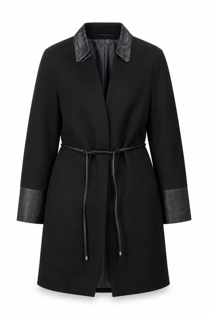 H&M Women's Black Wool Overcoat with Faux Leather Trim Size 12