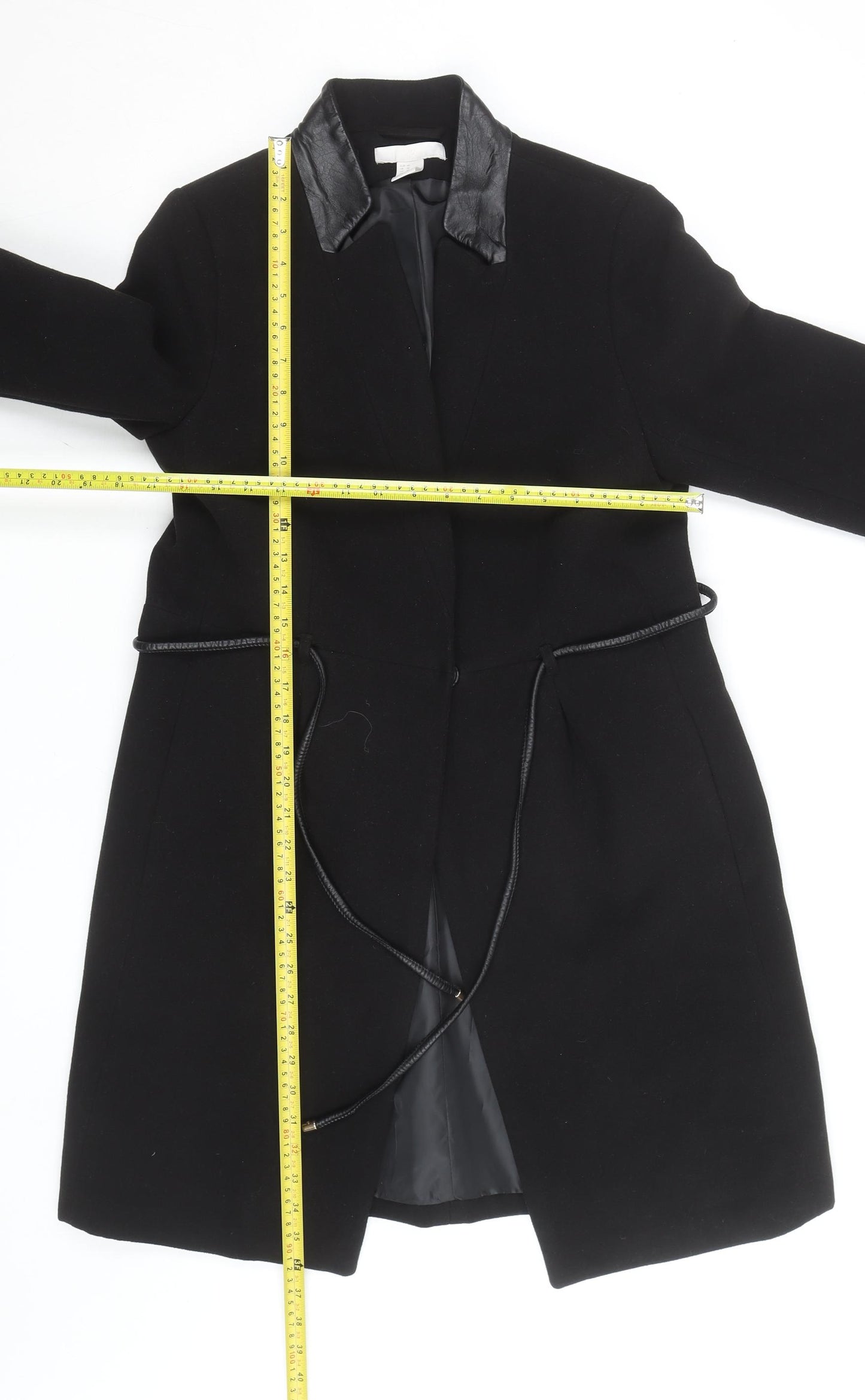 H&M Women's Black Wool Overcoat with Faux Leather Trim Size 12
