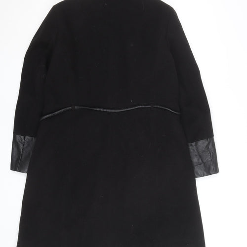 H&M Women's Black Wool Overcoat with Faux Leather Trim Size 12