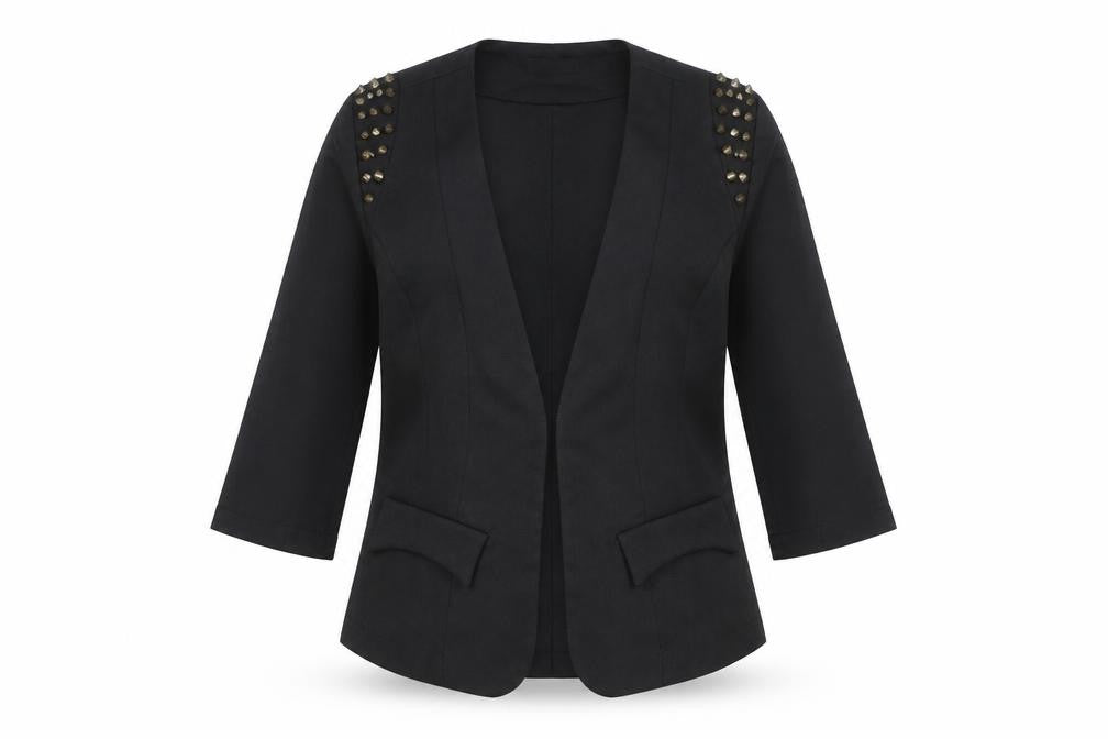 Front view of AD LIB Women's Black Studded 3/4 Sleeve Blazer, size 8