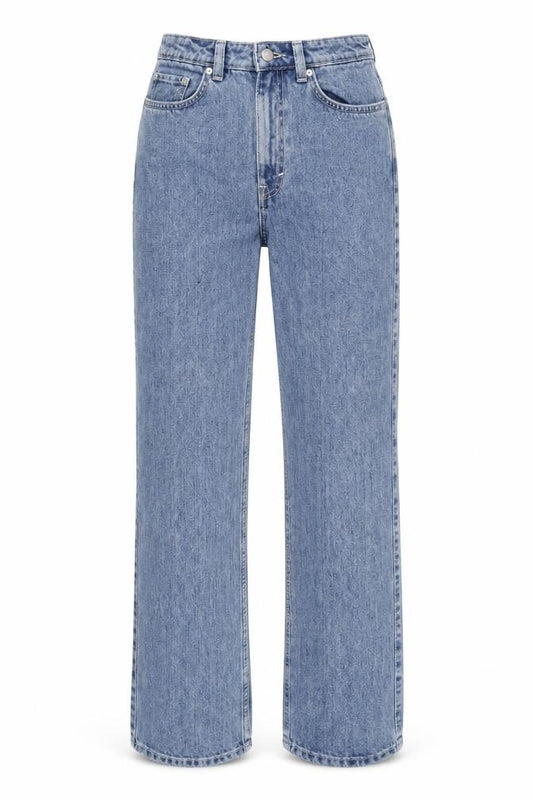 Front view of Weekday Women’s Blue Straight High Rise Organic Cotton Jeans, size UK 10