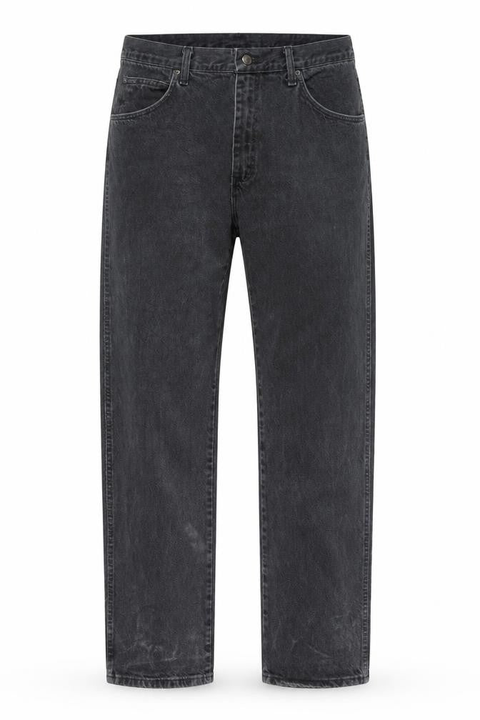 Front view of Wrangler men’s black regular fit straight leg jeans size 36x34
