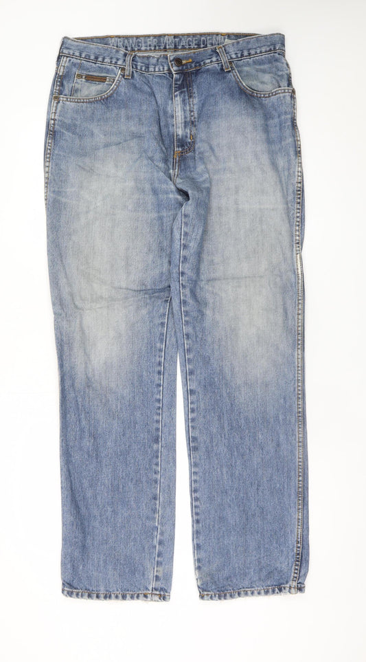 Wrangler Men Blue Vintage Straight Denim Jeans 35W 32L Cotton