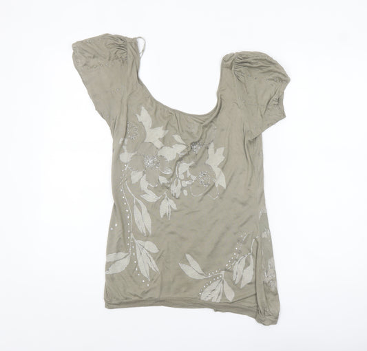Oasis Women Beige Floral Beaded Short Sleeve Viscose Blouse Size 10