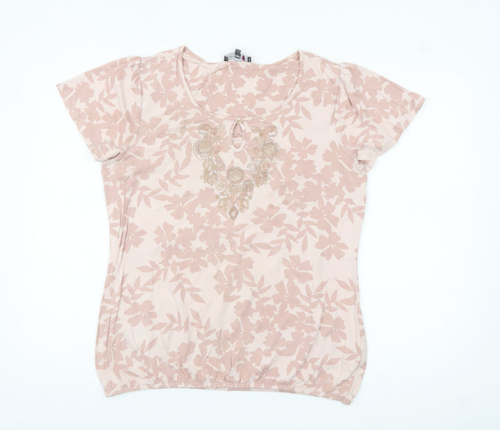 Marks and Spencer Per Una Womens Beige Floral Embroidered T-Shirt Size 14