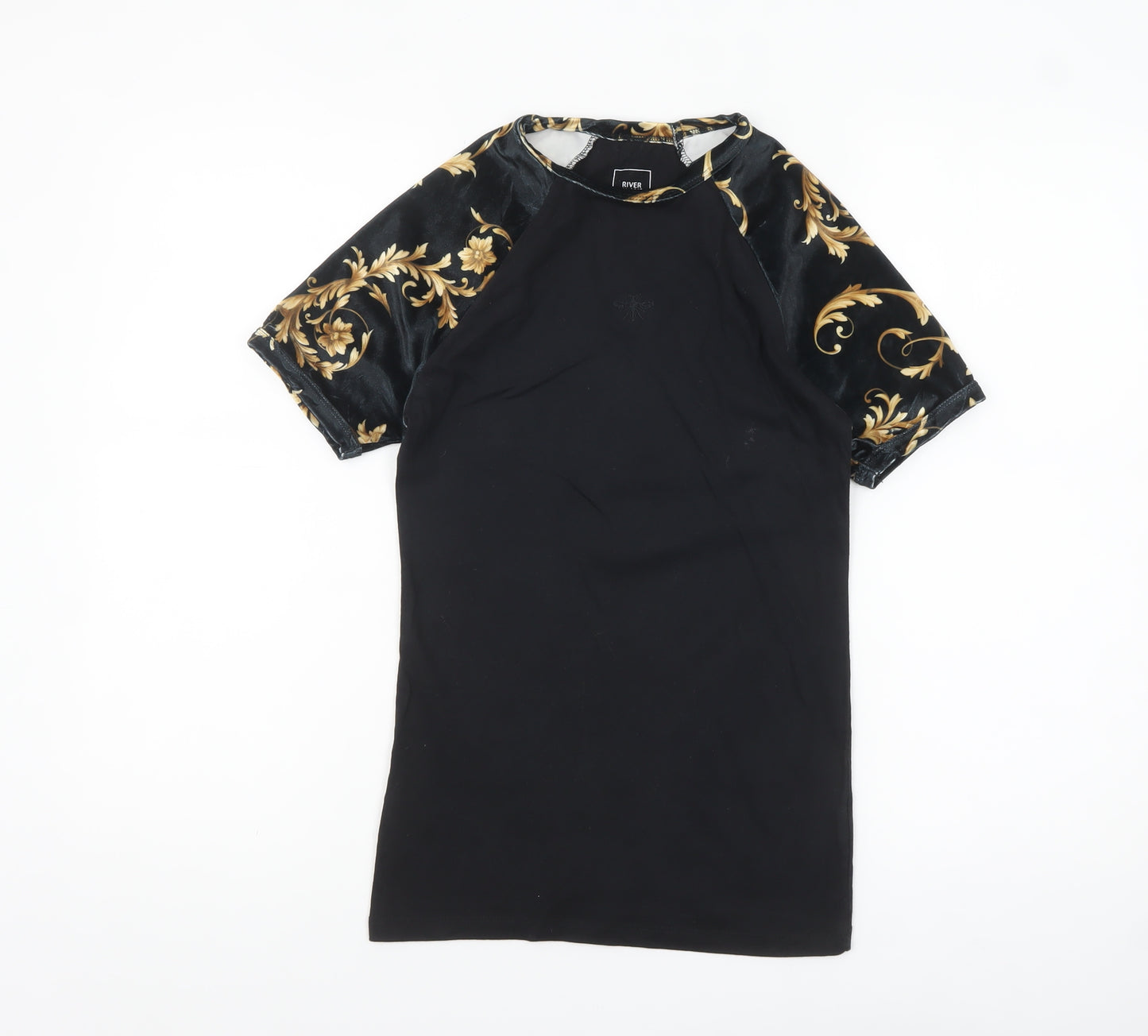 River Island Men's Black Gold Baroque Muscle Fit T-Shirt XS