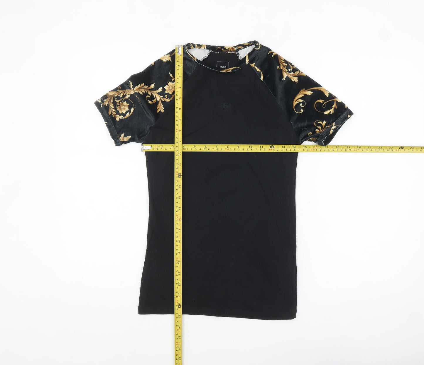 River Island Men's Black Gold Baroque Muscle Fit T-Shirt XS