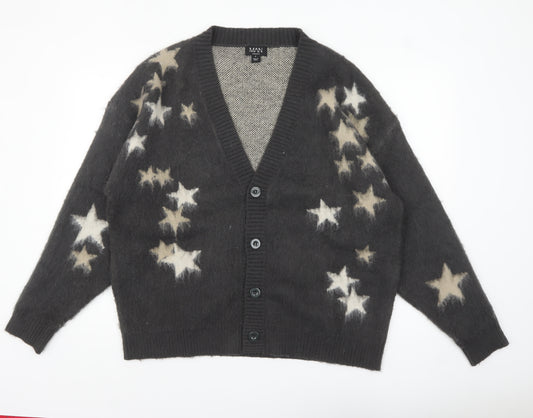 boohooMAN Men's Black Star Print Chunky Knit Cardigan M