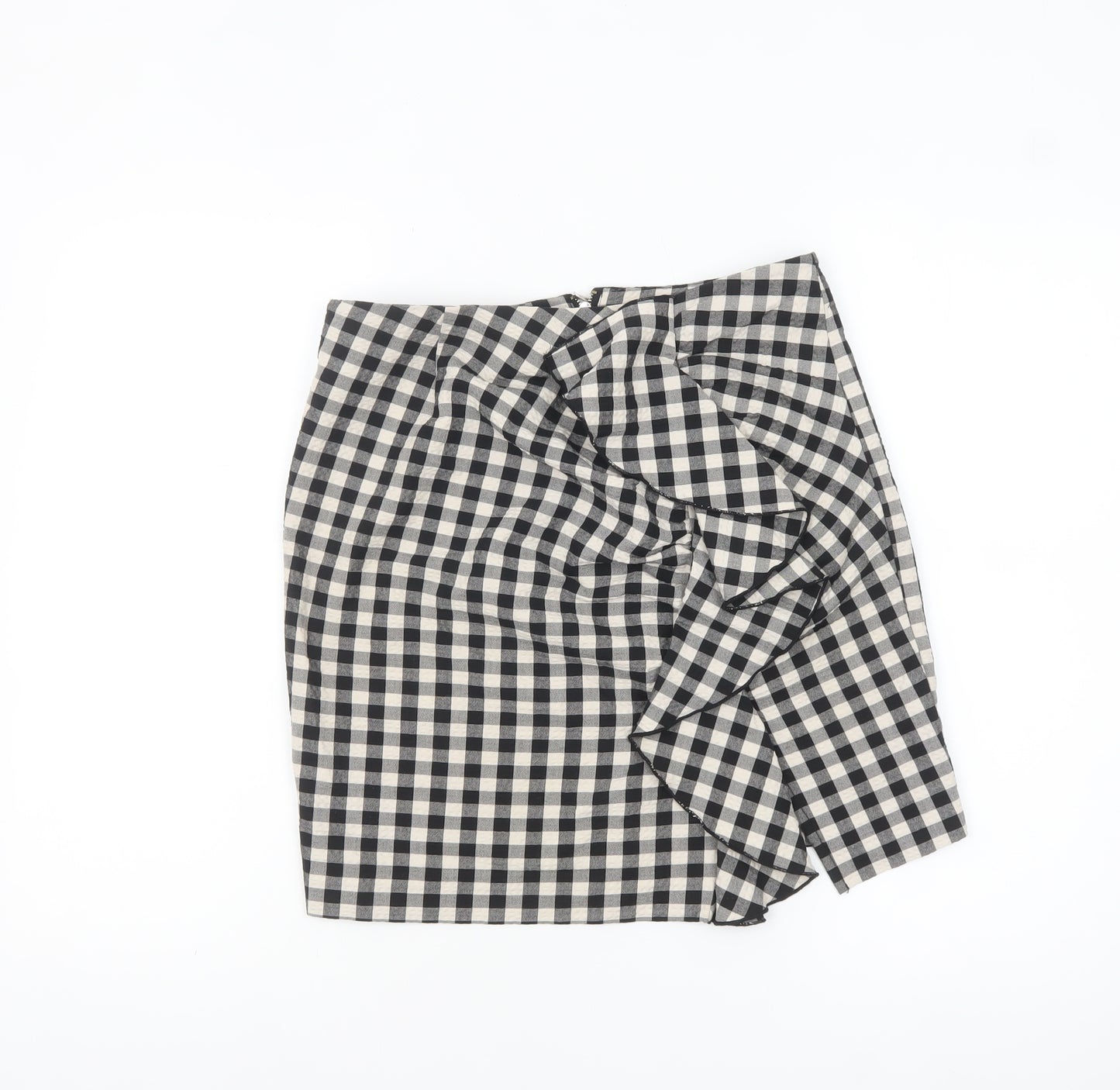 H&M Womens Black Check Ruffle Pencil Skirt Size 10
