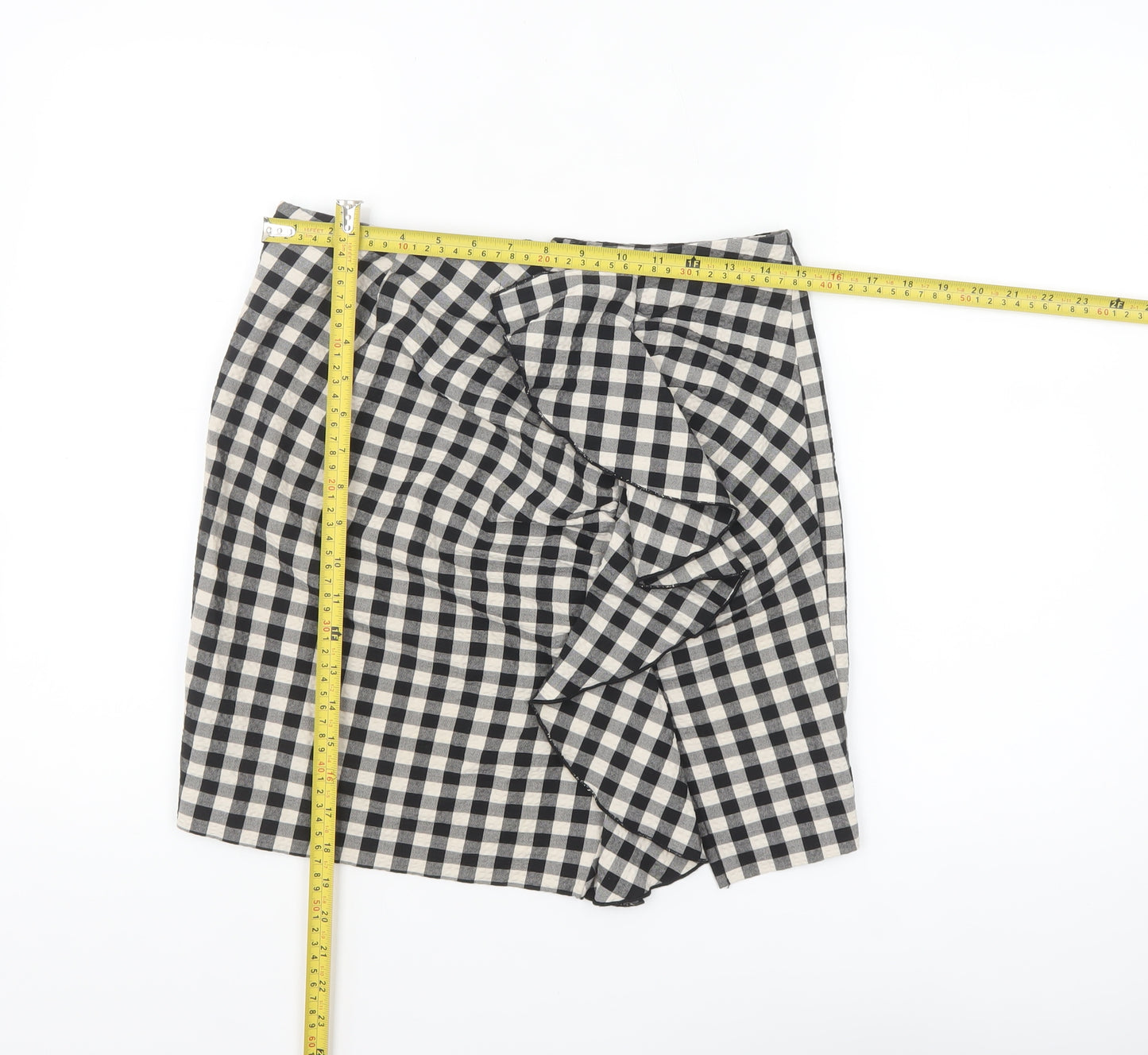 H&M Womens Black Check Ruffle Pencil Skirt Size 10