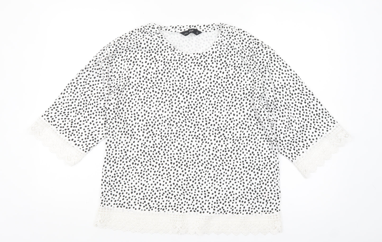 F&F Women White Black Polka Dot Lace Trim Blouse Size 14