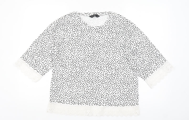 F&F Women White Black Polka Dot Lace Trim Blouse Size 14