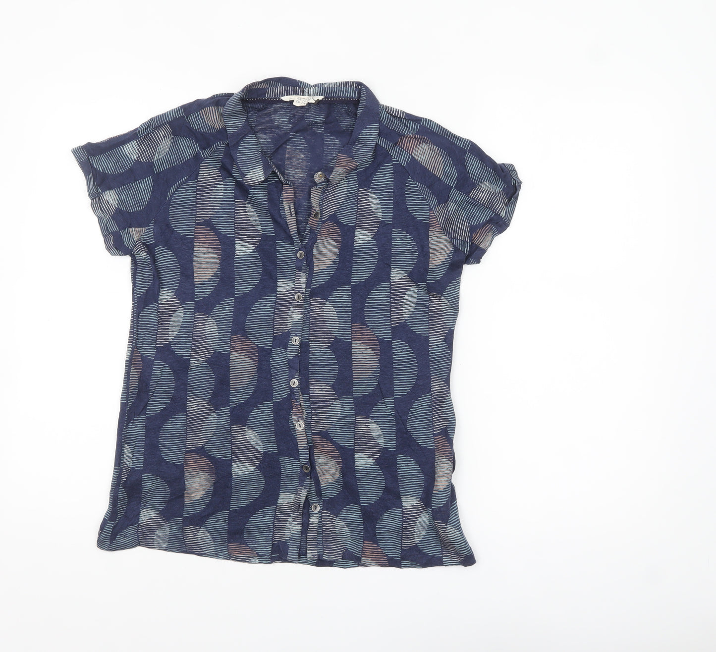 White Stuff Women's Blue Linen Geometric Button-Up Shirt Size 10