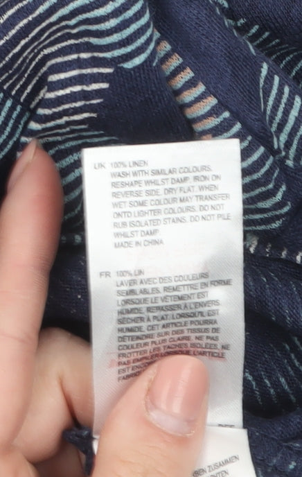 White Stuff Women's Blue Linen Geometric Button-Up Shirt Size 10