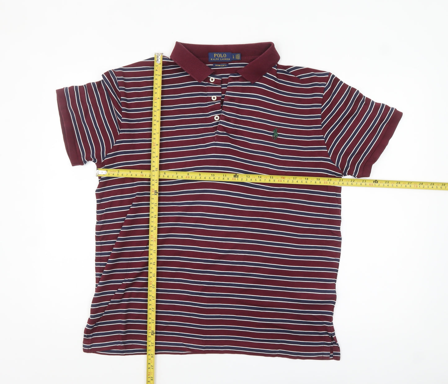 Ralph Lauren Men's Red Striped Custom Slim Fit Polo Shirt L
