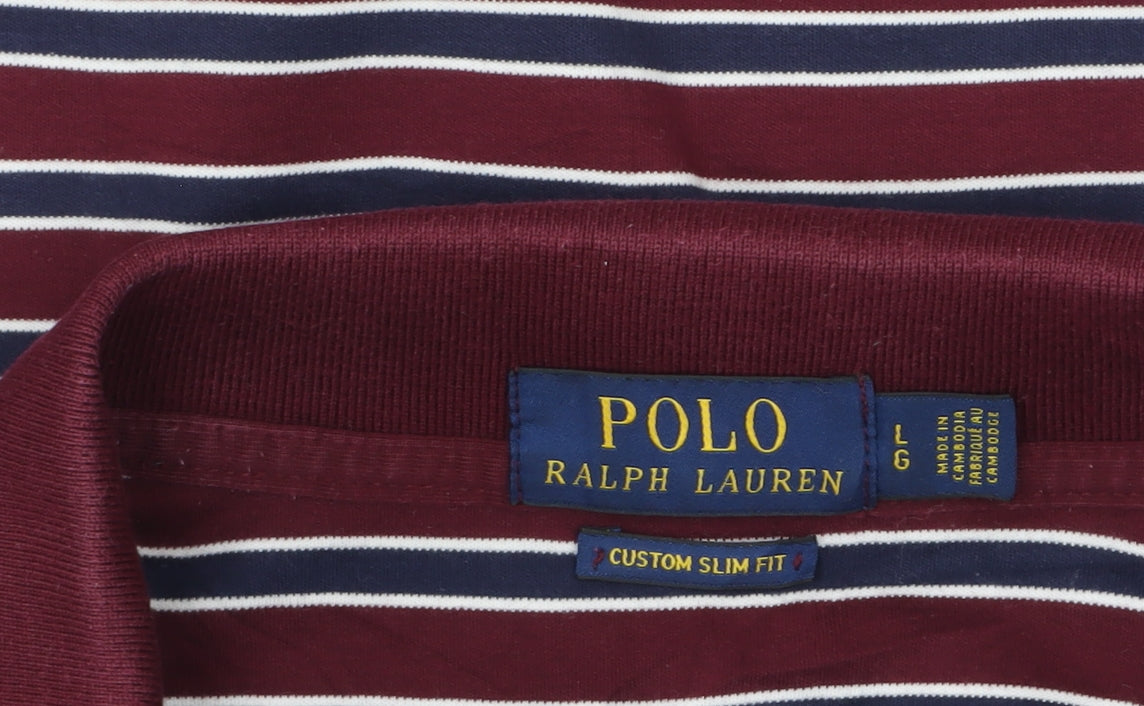 Ralph Lauren Men's Red Striped Custom Slim Fit Polo Shirt L