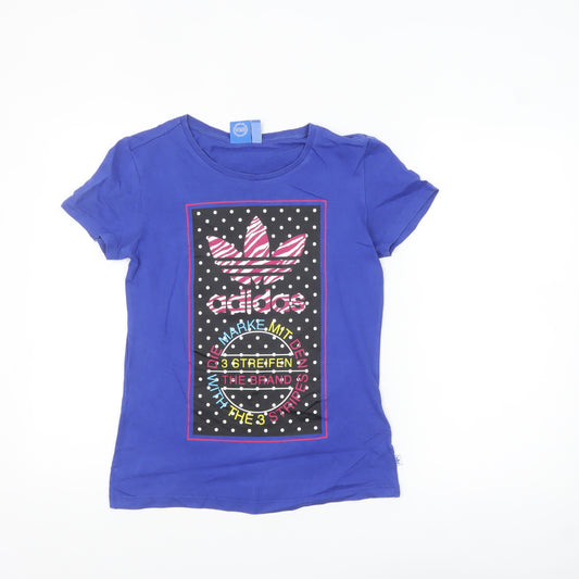 Adidas Women's Blue Graphic Logo T-Shirt Size 10 Short Sleeve Cotton