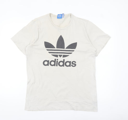 Adidas Men's Beige Trefoil Logo T-Shirt Size M Short Sleeve Cotton
