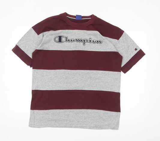 Champion Men's Grey & Red Striped Crew Neck Short Sleeve T-Shirt Size S