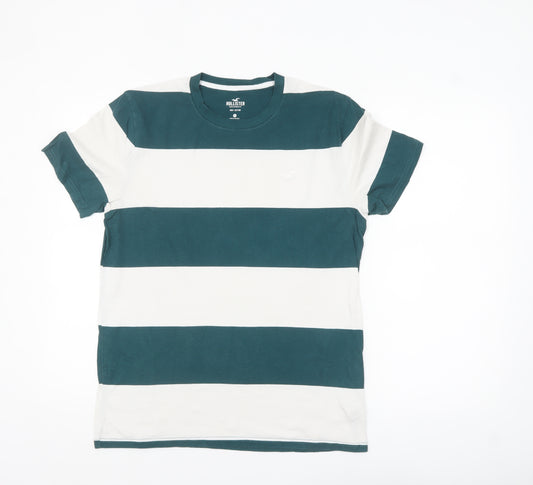 Hollister Men Green White Striped Crew Neck Cotton T-Shirt Size M
