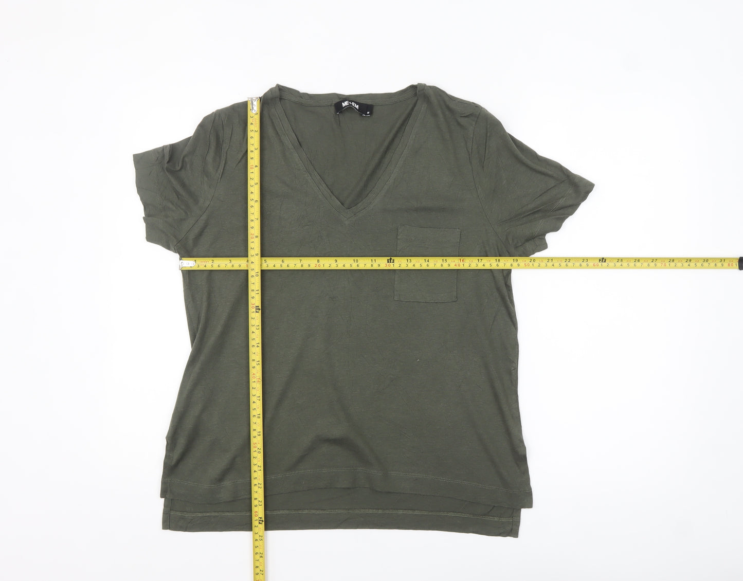 ME+EM Women Green V-Neck Short Sleeve Cotton Modal T-Shirt Size 14