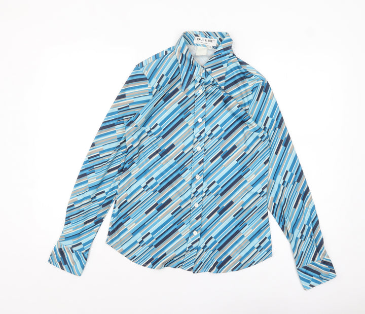 Paul & Joe Women's Blue Geometric Silk Button-Up Shirt Size 10
