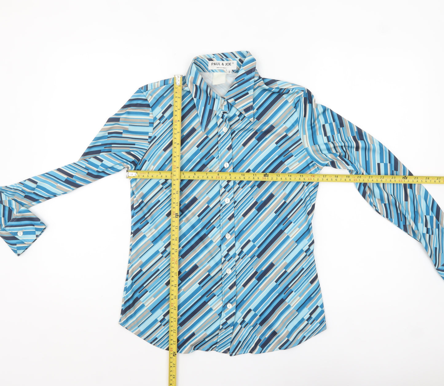 Paul & Joe Women's Blue Geometric Silk Button-Up Shirt Size 10