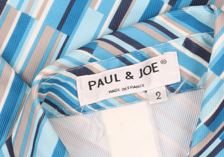 Paul & Joe Women's Blue Geometric Silk Button-Up Shirt Size 10