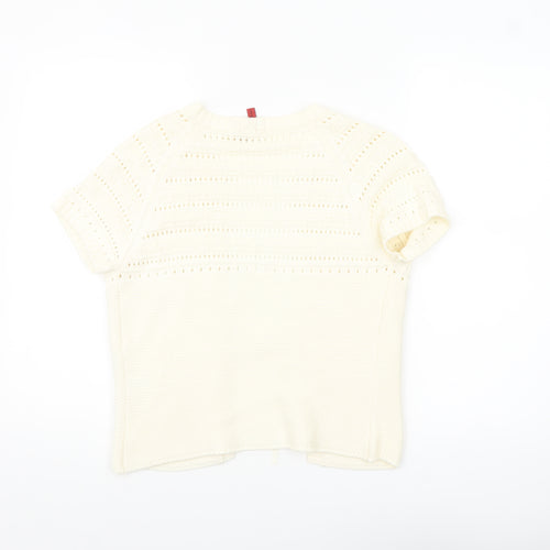 Fransa Women Ivory Short Sleeve Open Knit Cardigan M