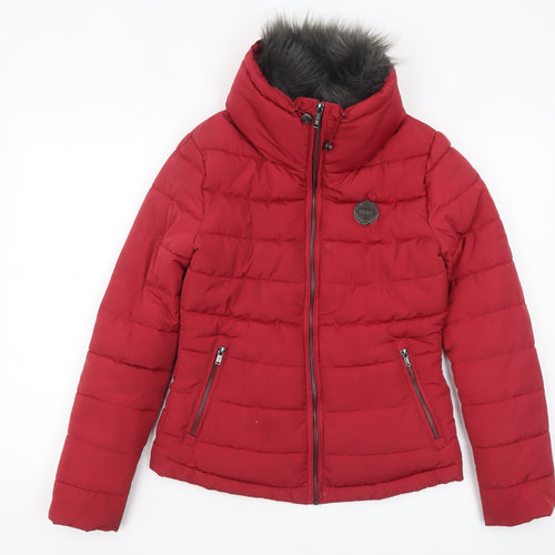 Diesel Womens Red XS Puffer Jacket Faux Fur Hood Winter Coat