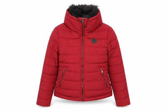 Front view of Diesel women’s red xs puffer jacket faux fur hood winter coat