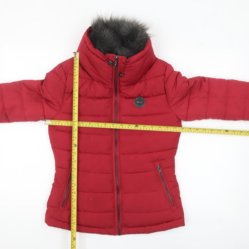 Diesel Womens Red XS Puffer Jacket Faux Fur Hood Winter Coat