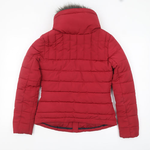 Diesel Womens Red XS Puffer Jacket Faux Fur Hood Winter Coat