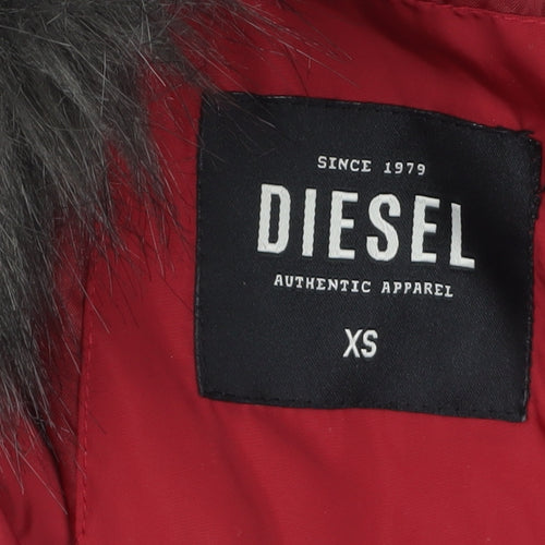 Diesel Womens Red XS Puffer Jacket Faux Fur Hood Winter Coat