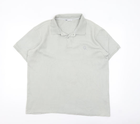 Zara Men's Grey Cotton Polo Shirt Size L Short Sleeve Casual