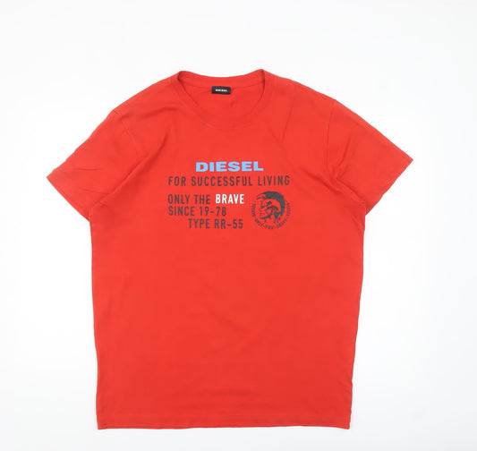 Diesel Mens Red Graphic Print Crew Neck Cotton T-Shirt L Regular Fit