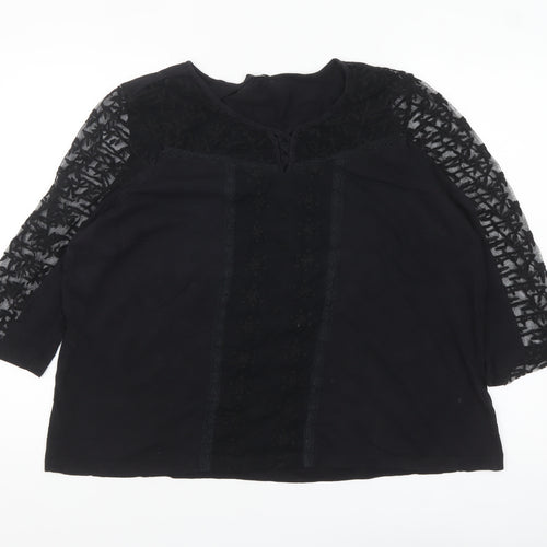 M&Co Women Black Lace 3/4 Sleeve Cotton Tunic Top Size 20