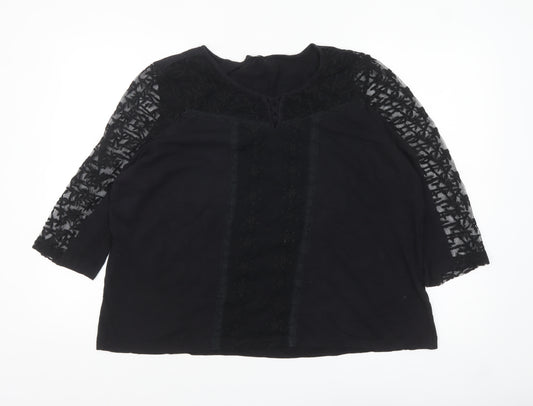 M&Co Women Black Lace 3/4 Sleeve Cotton Tunic Top Size 20