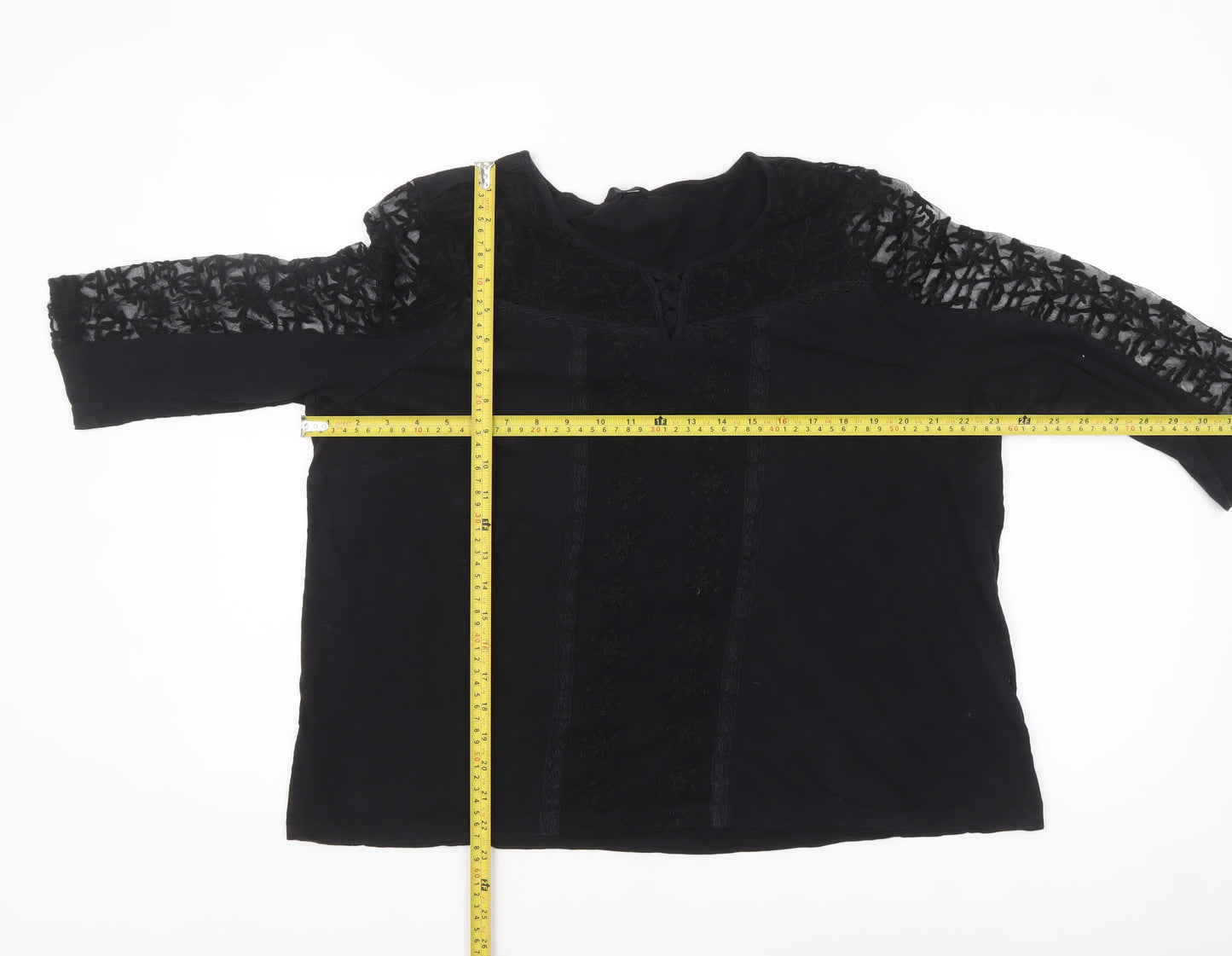 M&Co Women Black Lace 3/4 Sleeve Cotton Tunic Top Size 20