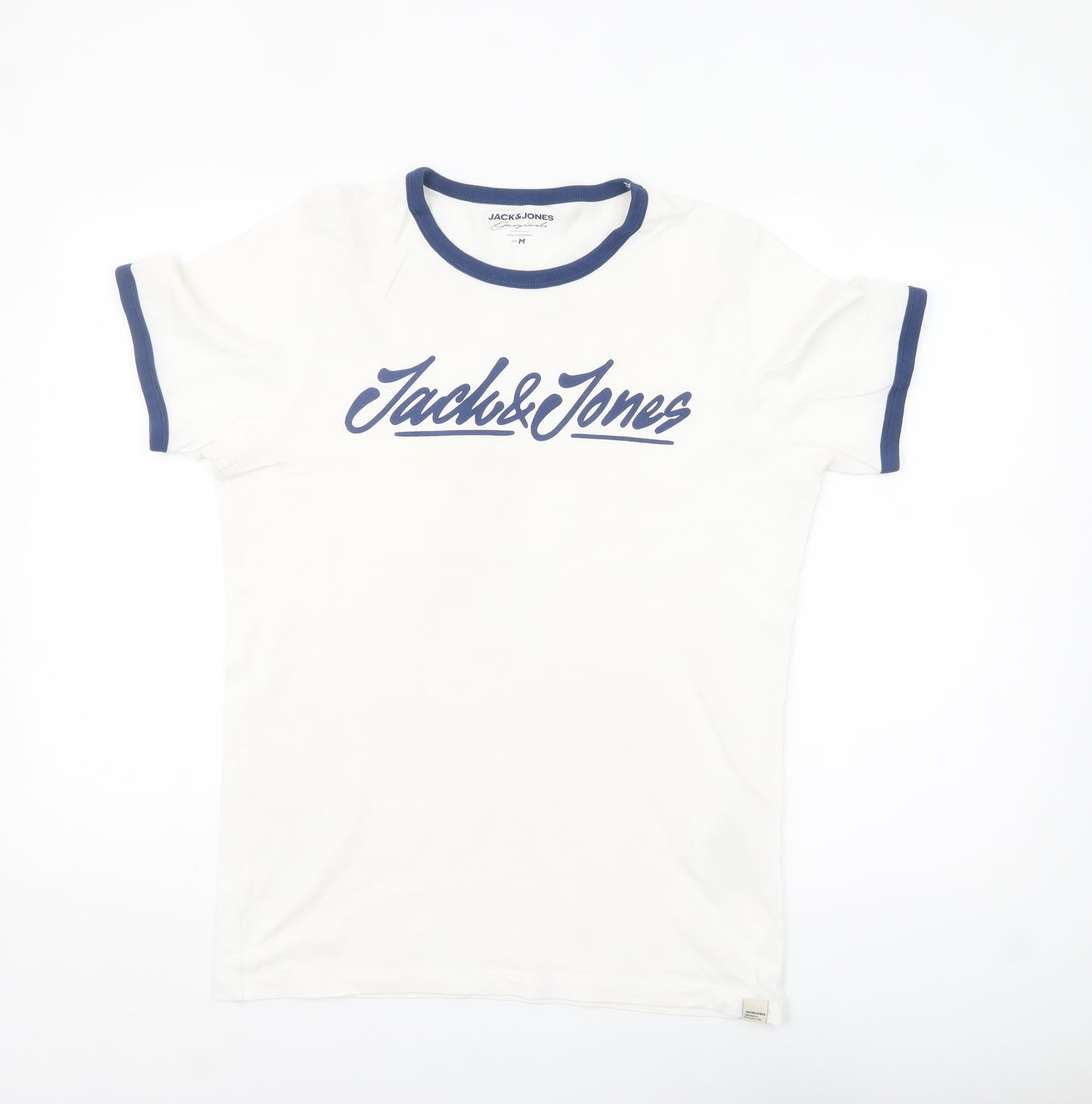 Jack & Jones Men's White and Blue Ringer T-Shirt Size M Cotton Casual