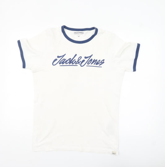 Jack & Jones Men's White and Blue Ringer T-Shirt Size M Cotton Casual
